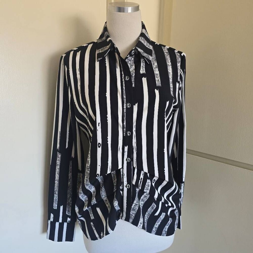Patrizia Luca Milano Blk/White Irregular Stripe L/S Button Down Blouse, NWOT, S